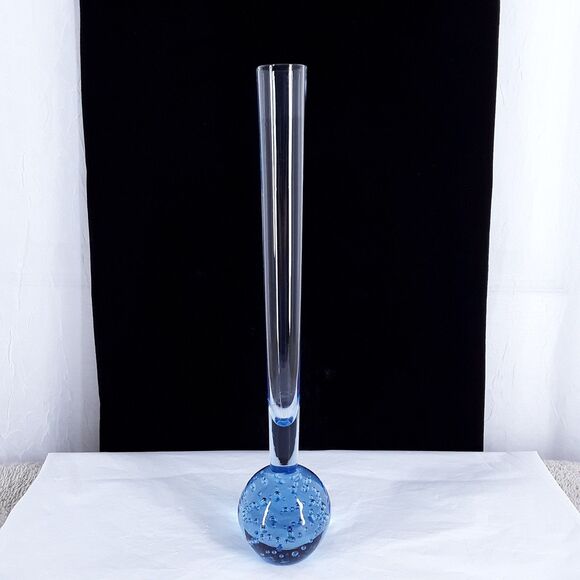 9.75" Bud Vase, Hand Blown Glass, Controlled Bubble, Light Blue Ice Blue, single - Picture 1 of 7